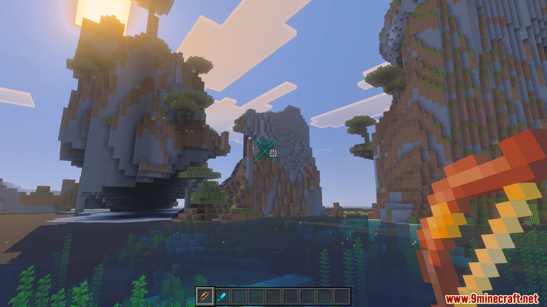 Player holding a custom bow looking at large floating mountains and water