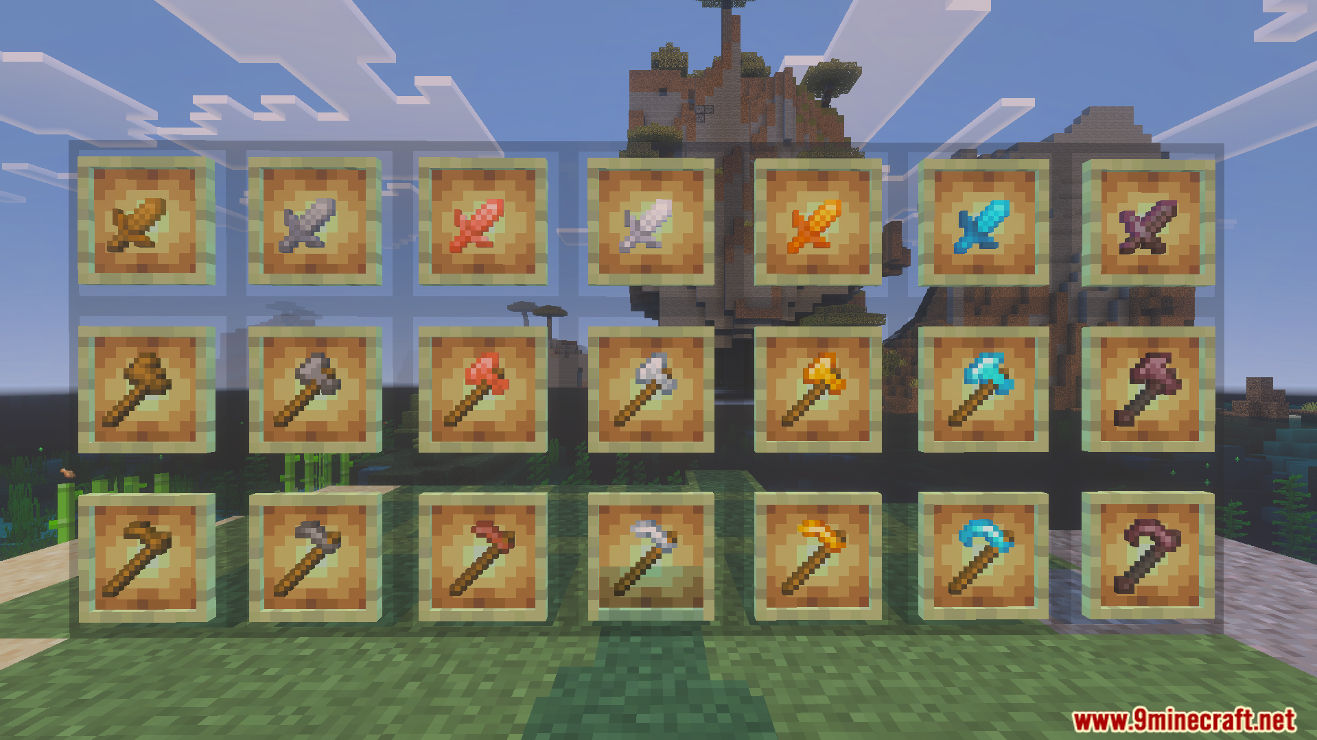 Enhanced Texture Pack showcasing shorter swords and clean tools in item frames