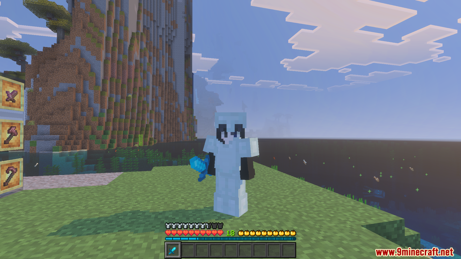 Minecraft player wearing armor holding a short blue sword from Enhanced 16x Texture Pack