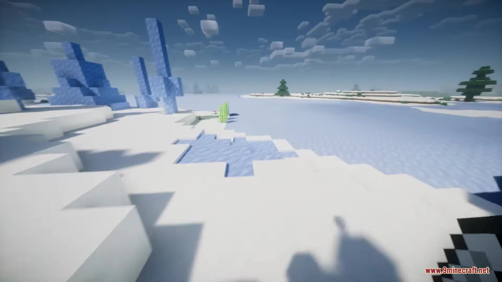 Enhanced Audio Ambience Sound Pack Resource Pack Screenshot 4 Large ice structures on a snowy field next to a frozen lake