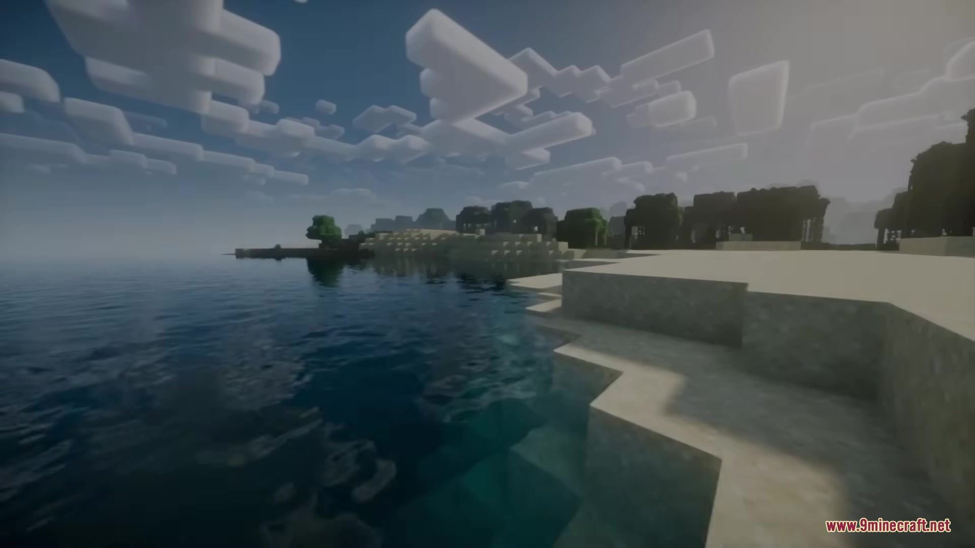 Enhanced Audio Ambience Sound Pack Resource Pack Screenshot 5 A serene Minecraft beach scene with realistic water reflections and clouds