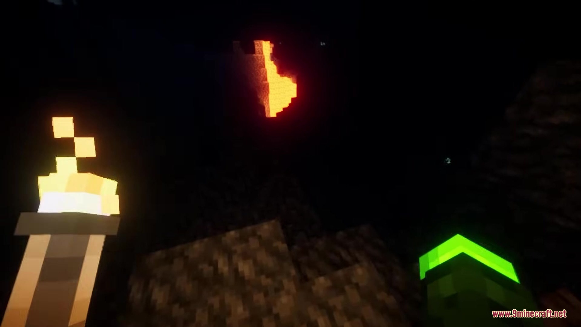 Enhanced Audio Ambience Sound Pack Resource Pack Screenshot 8 Looking up at a glowing light source while holding a lit torch