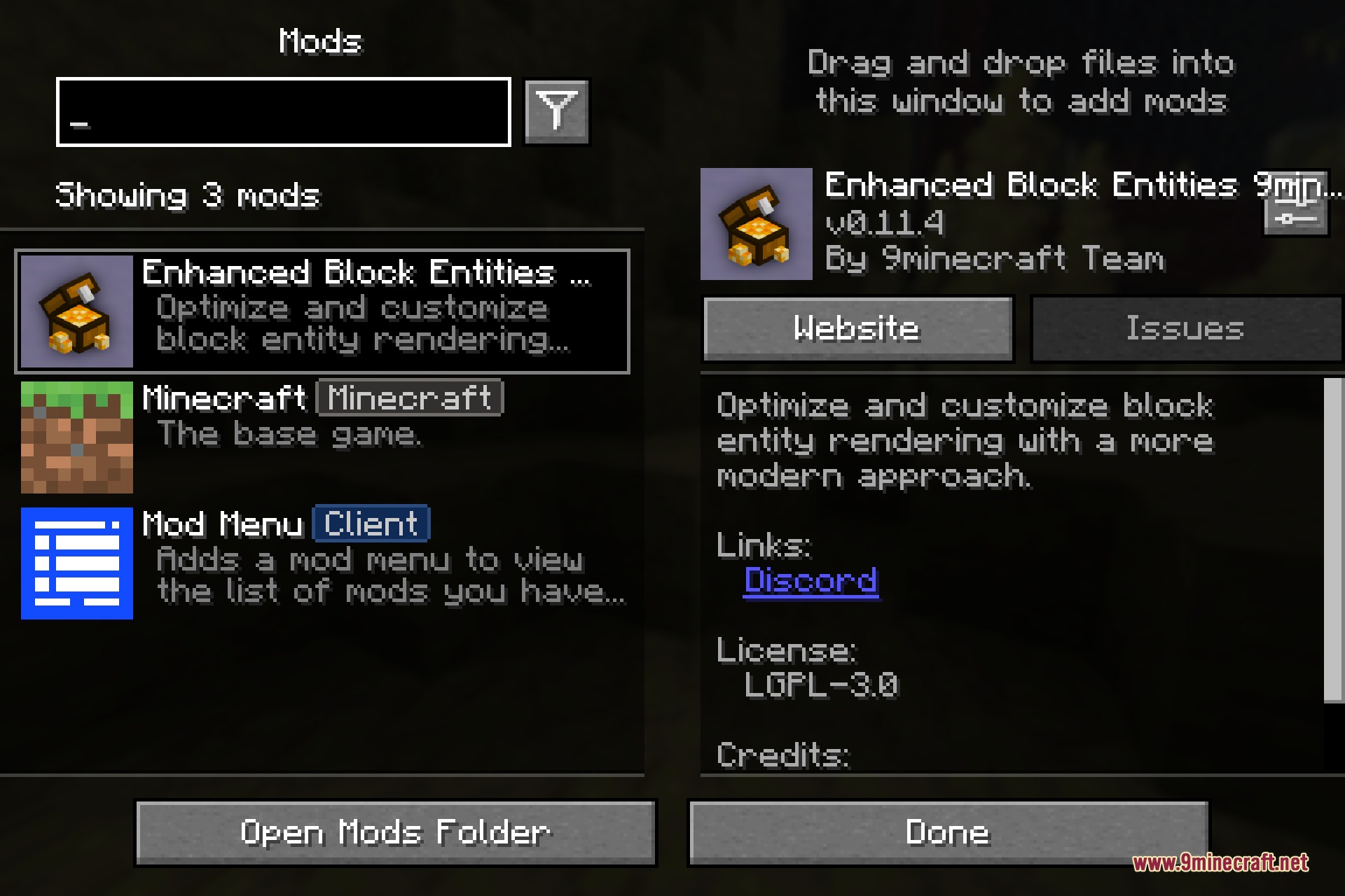 The mod's entry in the in-game mods list, shown with its 9minecraft Team credits, a clickable Website homepage button, and the description that it optimizes and customizes block entity rendering with a more modern approach