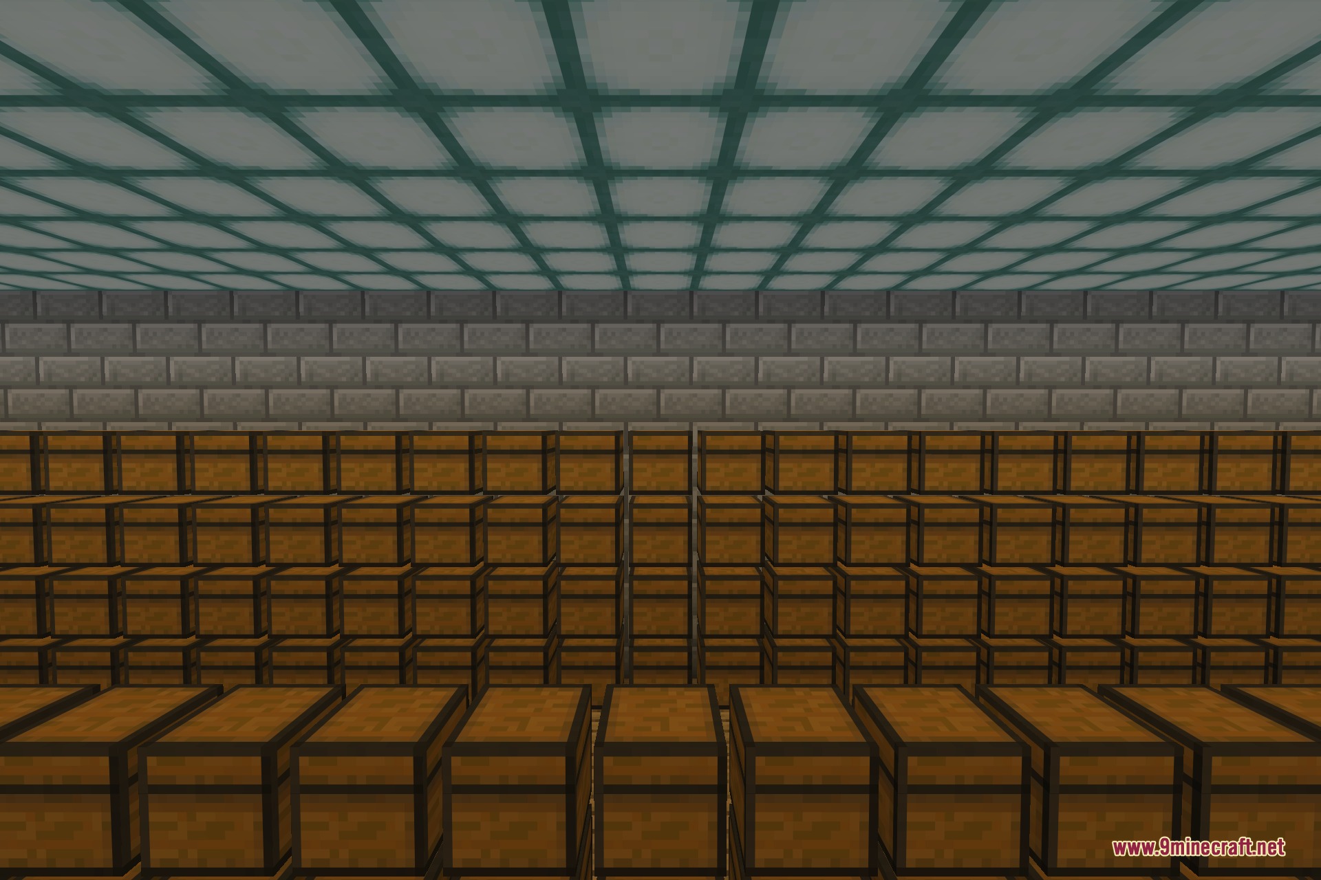 A tall wall of wooden chests stacked in tight rows, every chest drawn as a fast block model so a densely packed storage room keeps a smooth frame rate