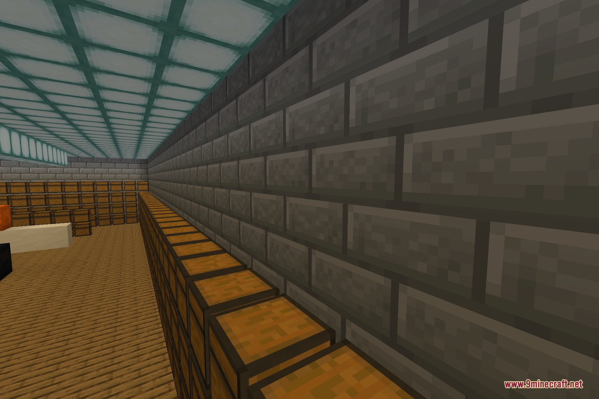 A long corridor of chests running along a stone-brick wall, showing how the mod keeps a large number of chests rendering cleanly at the same time