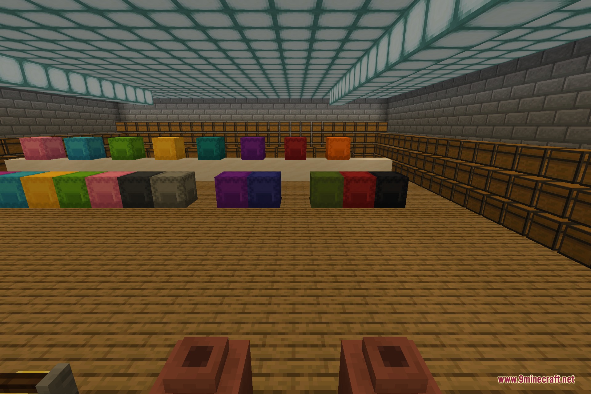 A wide view of the hall showing full rows of shulker boxes and two decorated pots, all redrawn as block models by the mod