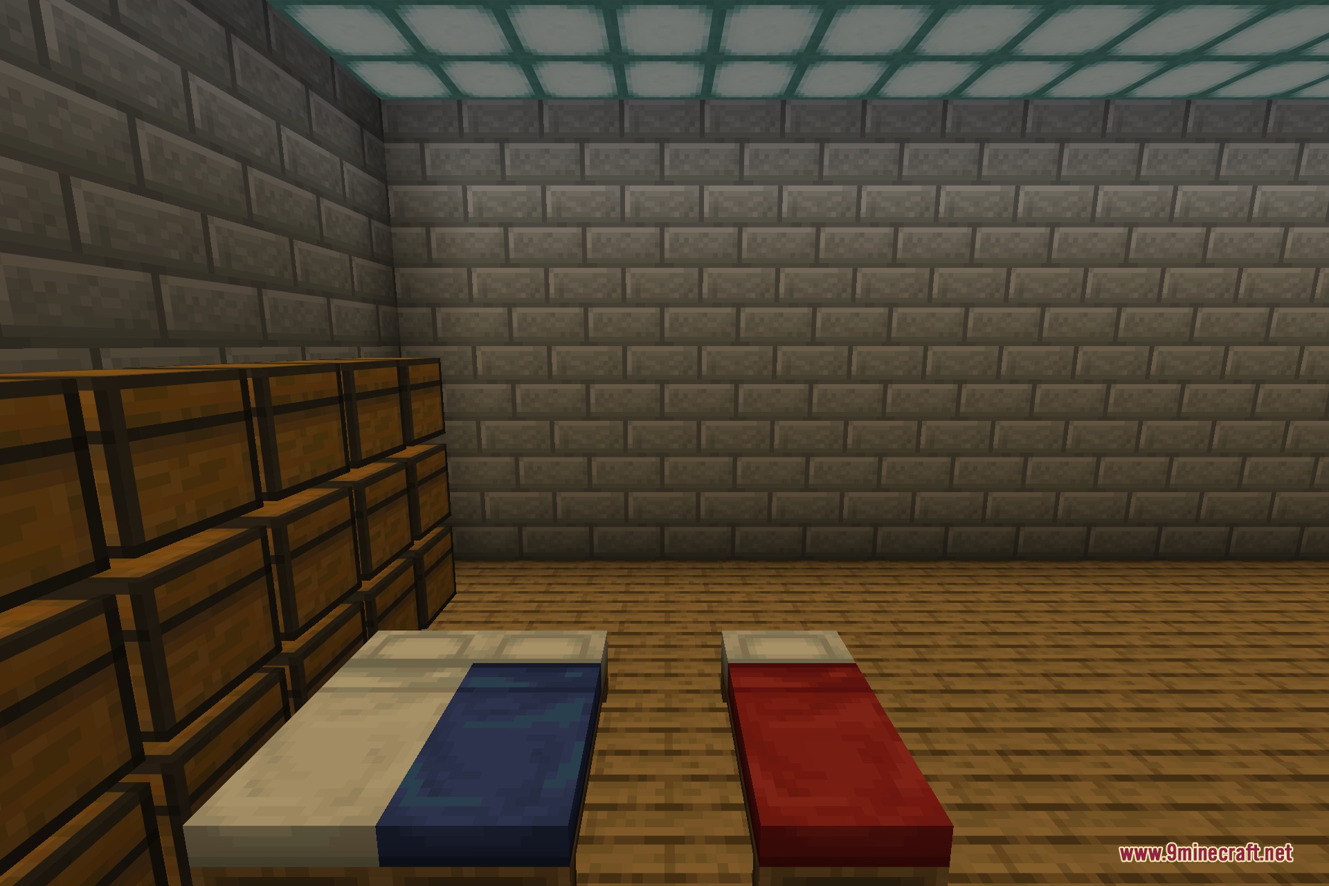 White, blue, and red beds placed on a wooden floor beside a bank of chests, each bed rendered as a block model