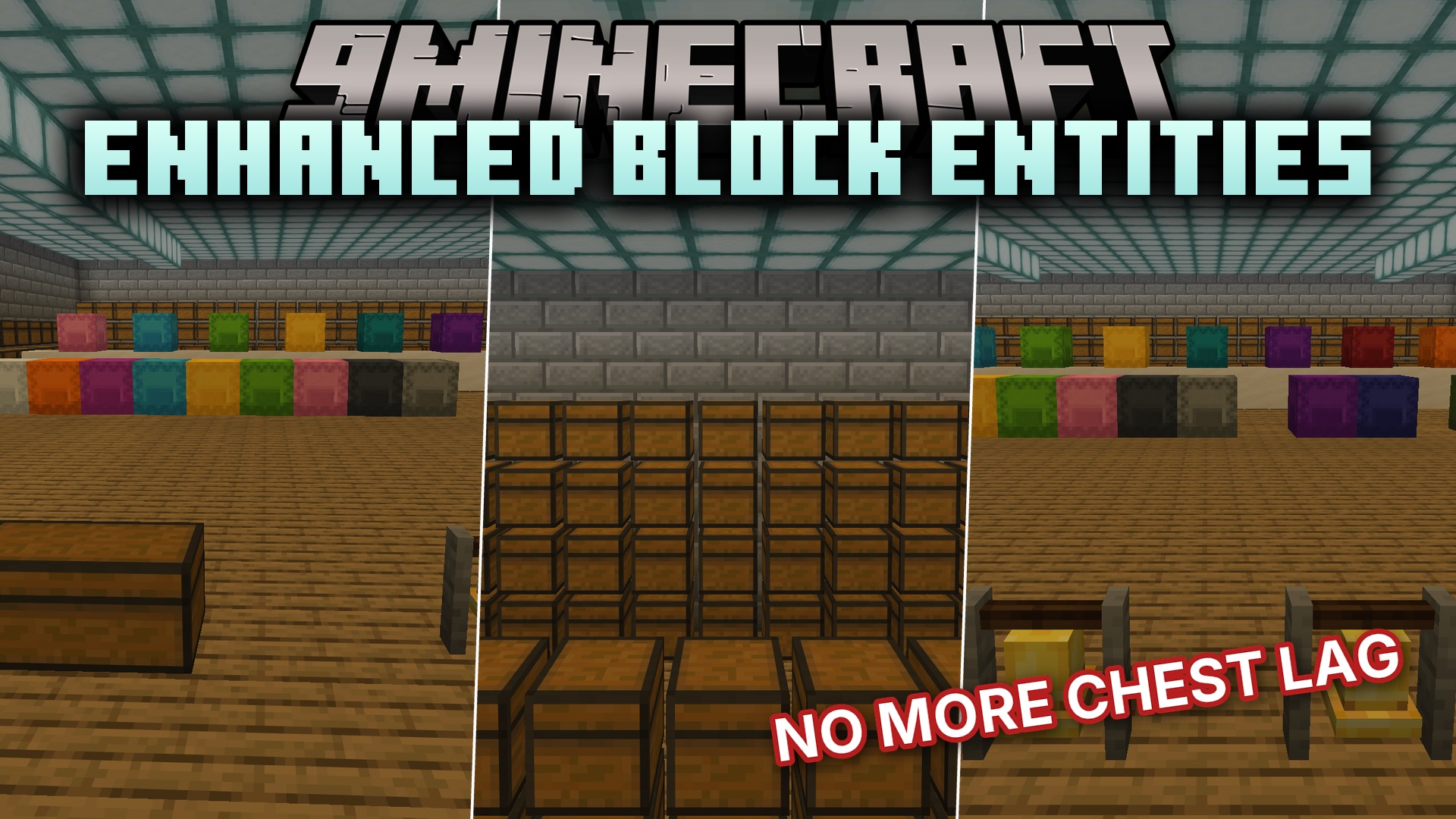 The Enhanced Block Entities 9minecraft Mod redraws chests, shulker boxes, bells, decorated pots, signs, and beds as baked block models instead of per-frame block-entity renderers, cutting the frame-rate lag that large numbers of block entities cause and letting resource packs give these blocks fully custom models