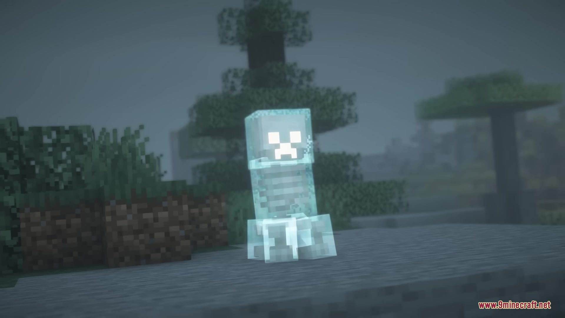 A translucent skeleton creeper variant standing in a foggy Minecraft forest