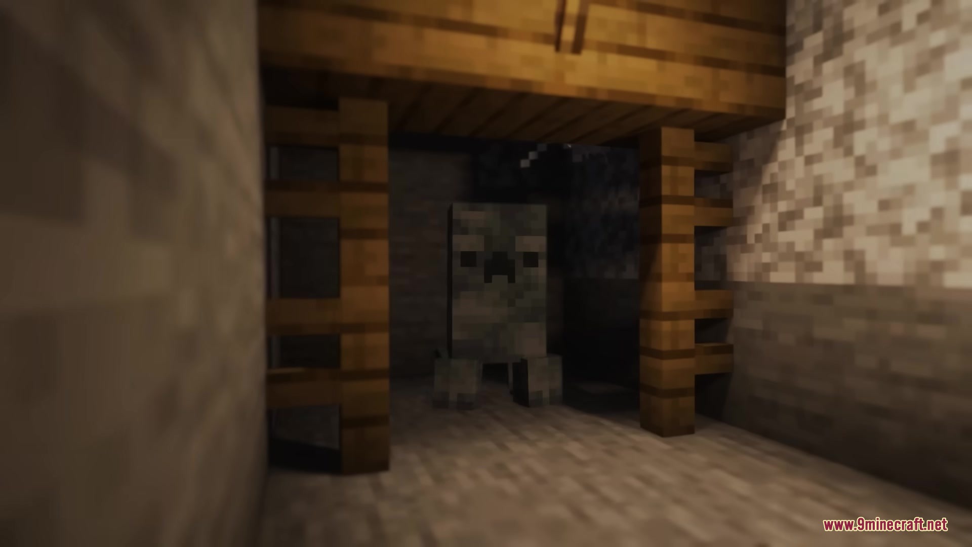 A camouflaged stone creeper hides within a dark underground mine tunnel