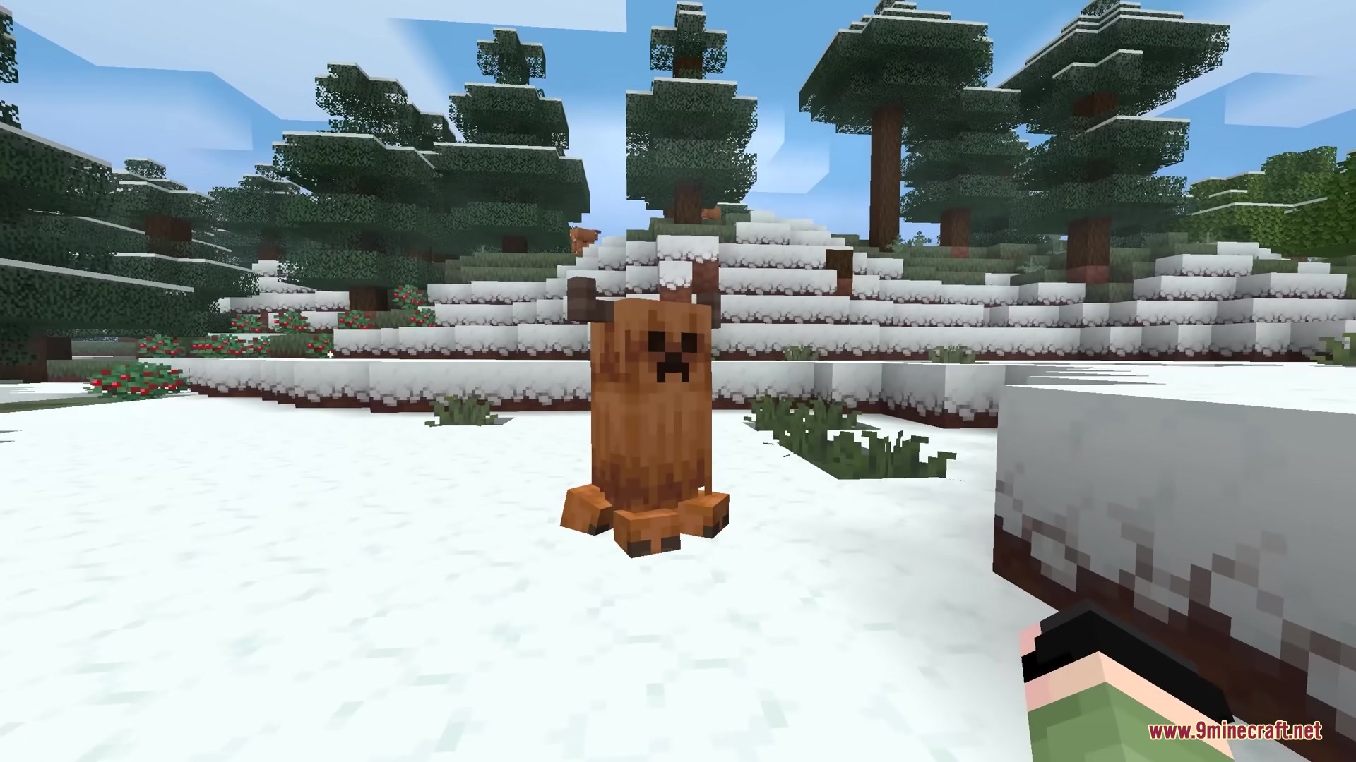 A furry horned creeper variant stands in a snowy forest landscape