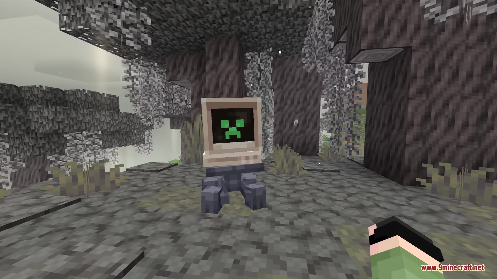 A unique creeper variant with a computer monitor head in a dark forest