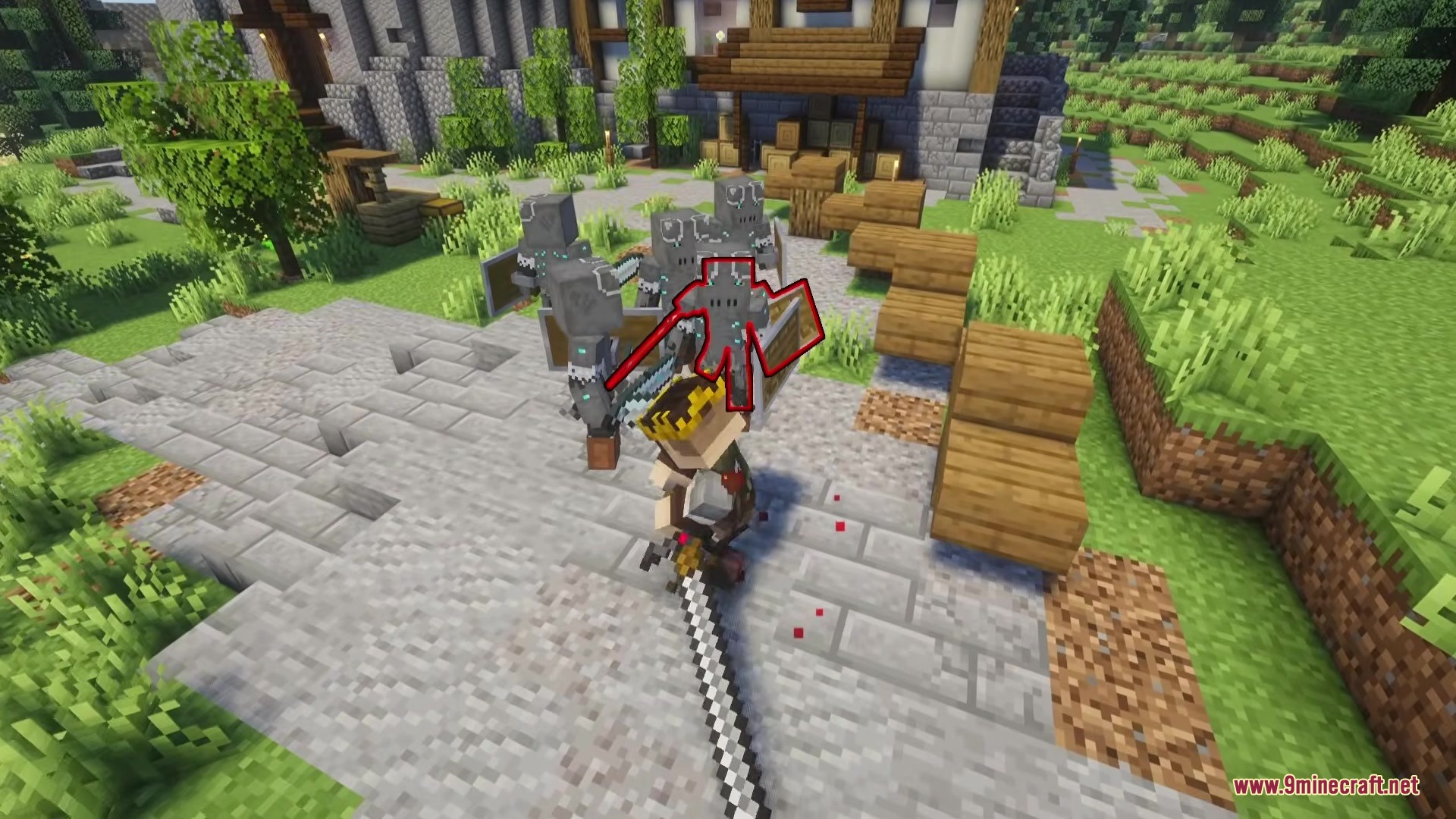 Epic Foes Epic Fight Addon Mod Screenshot 10 The player battles a group of armored enemies using a large sword