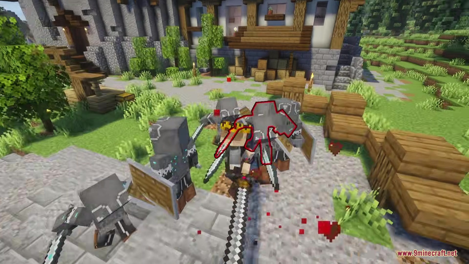 Epic Foes Epic Fight Addon Mod Screenshot 11 A crowned player battles several armored knights in a village courtyard