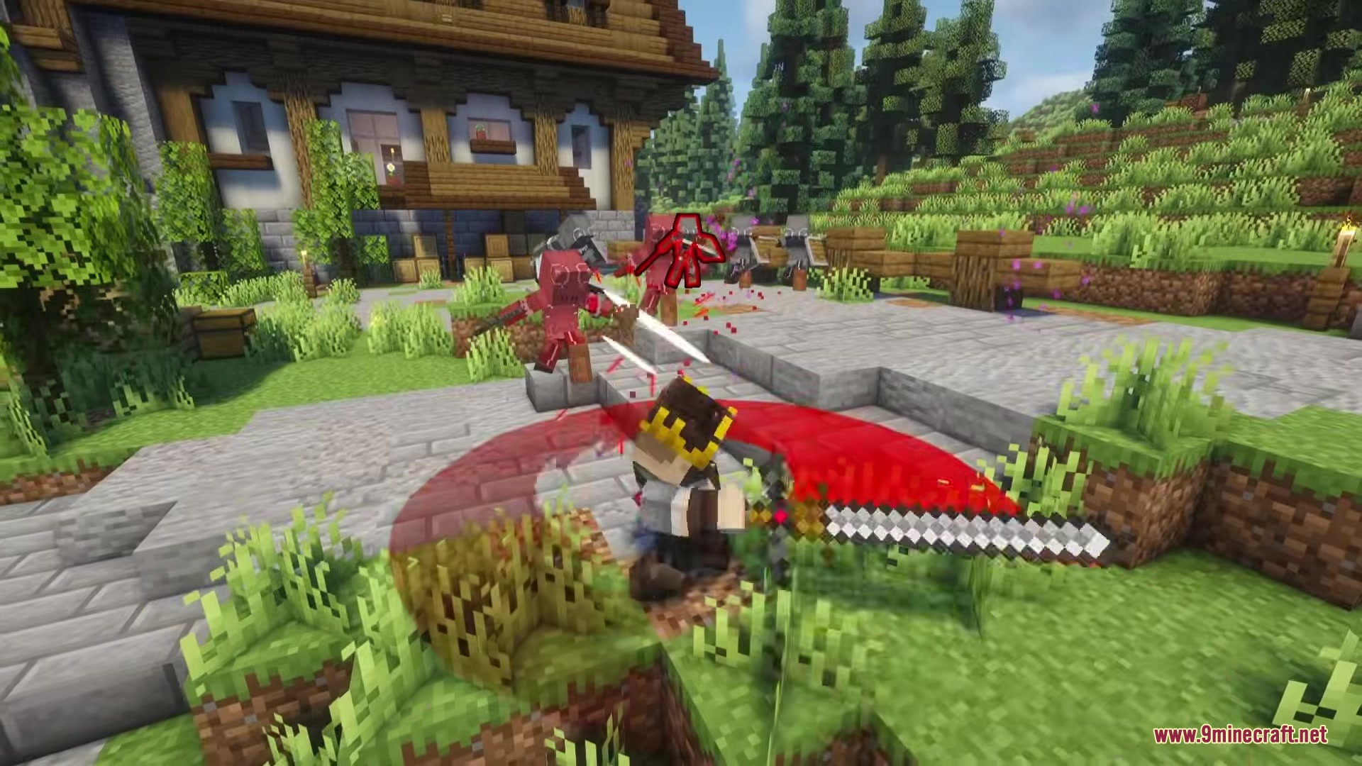 Epic Foes Epic Fight Addon Mod Screenshot 12 Player performs a powerful red sweeping sword attack against two armored foes