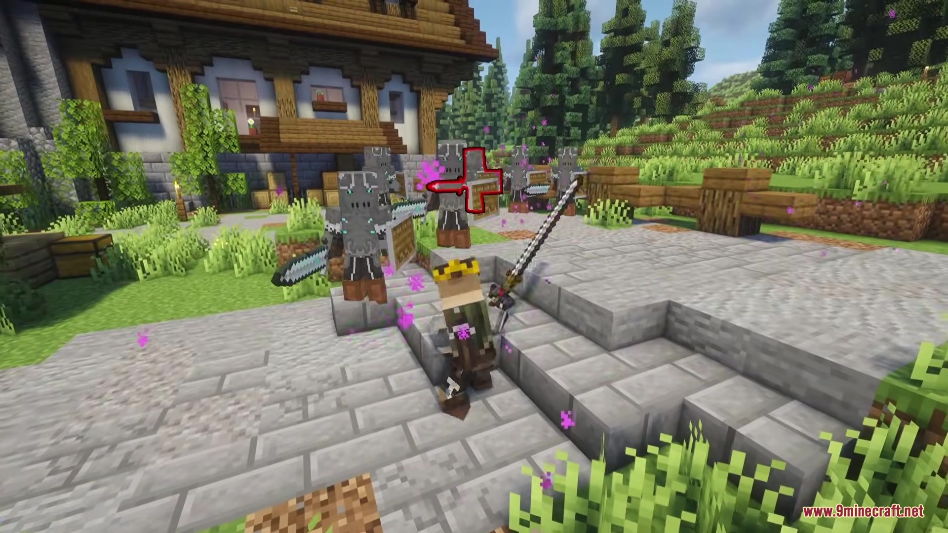 Epic Foes Epic Fight Addon Mod Screenshot 13 A player wearing a crown fights armored enemies near a stone house