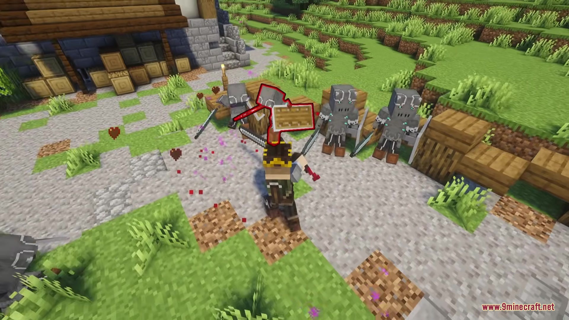 Epic Foes Epic Fight Addon Mod Screenshot 14 A player swings a large sword at a group of armored knights