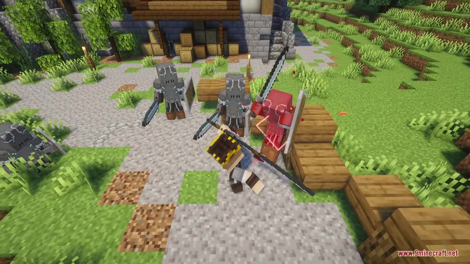 Epic Foes Epic Fight Addon Mod Screenshot 15 A player wearing a crown fights multiple armored enemies with a long sword