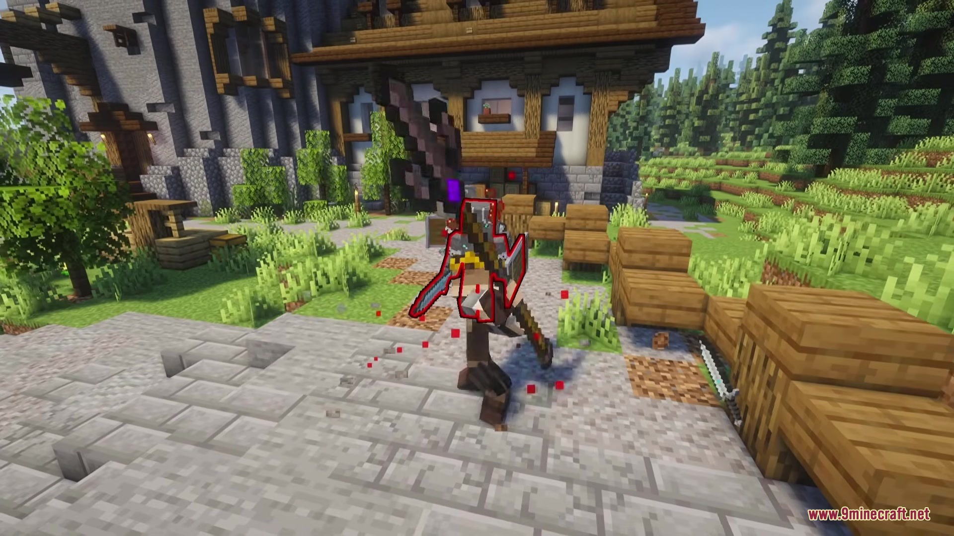 Epic Foes Epic Fight Addon Mod Screenshot 17 A warrior with a red outline wielding a massive dark sword in a town