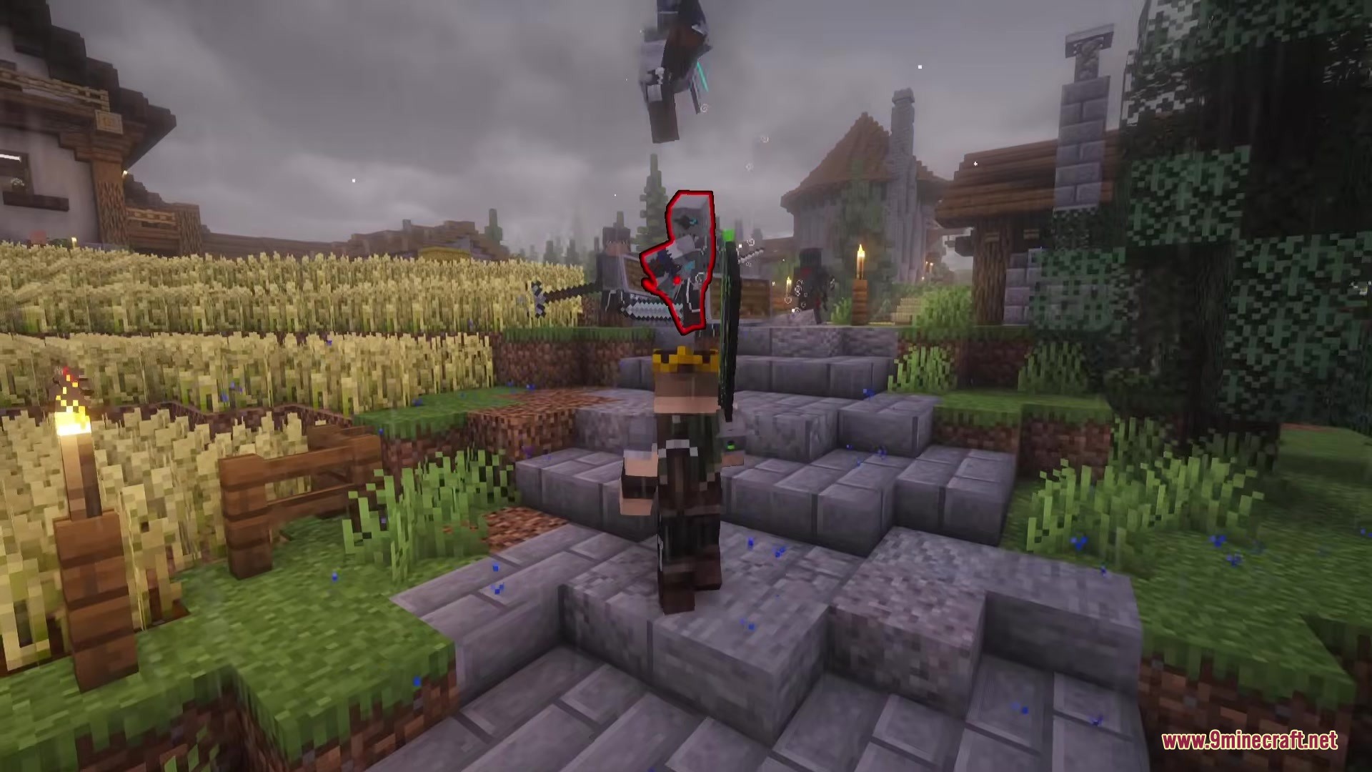 Epic Foes Epic Fight Addon Mod Screenshot 2 A player stands on stone stairs facing a floating boss enemy