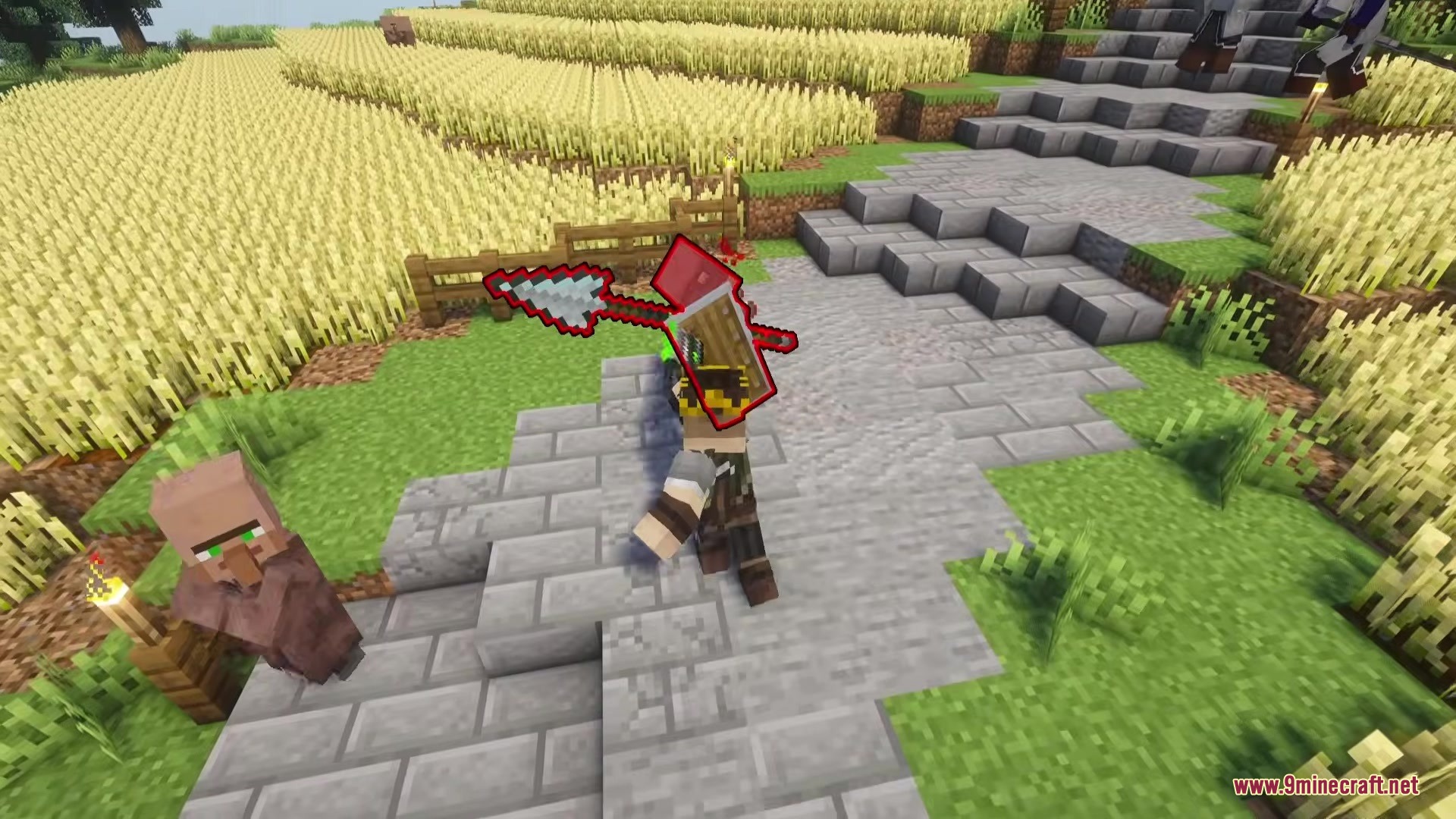 Epic Foes Epic Fight Addon Mod Screenshot 4 A warrior holding a large spear and shield stands near a village path