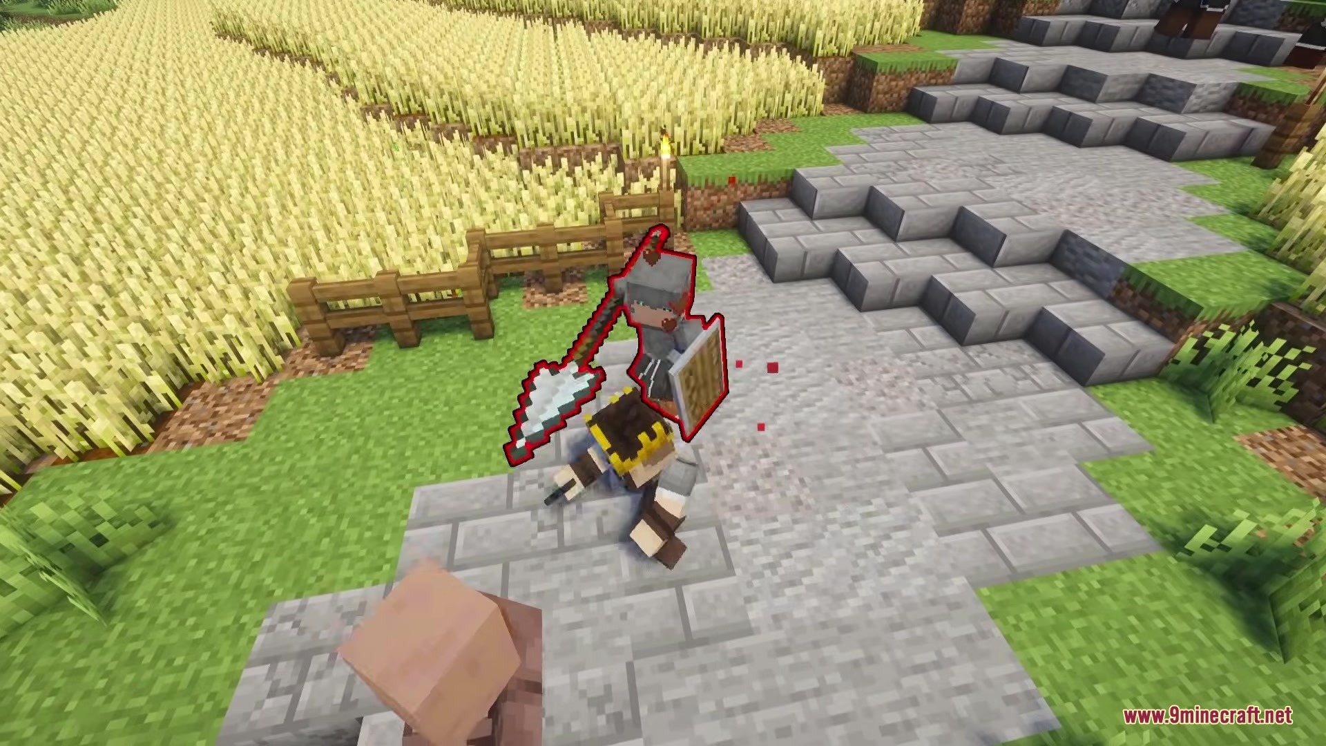 Epic Foes Epic Fight Addon Mod Screenshot 5 A player uses an Epic Foes spear and shield to attack an enemy