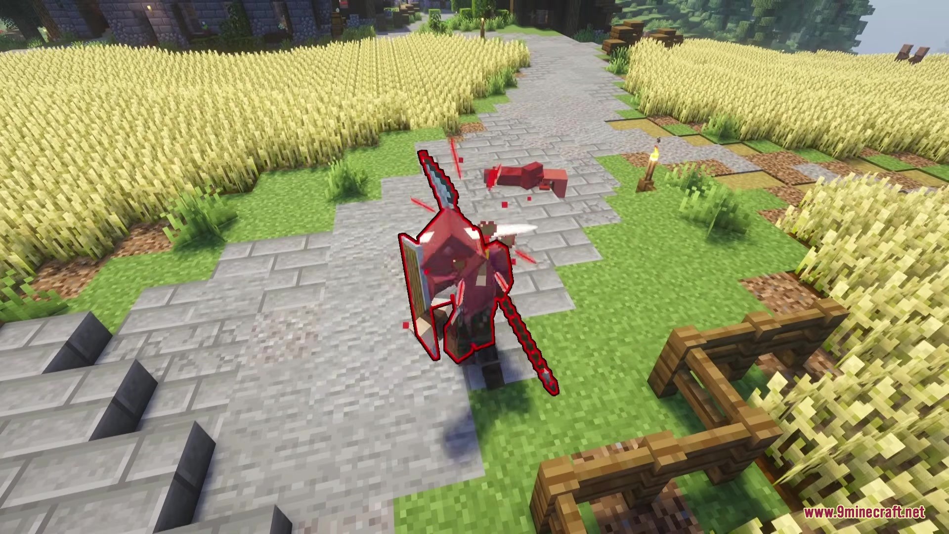 Epic Foes Epic Fight Addon Mod Screenshot 6 A warrior defeats a challenging enemy on a path near wheat fields