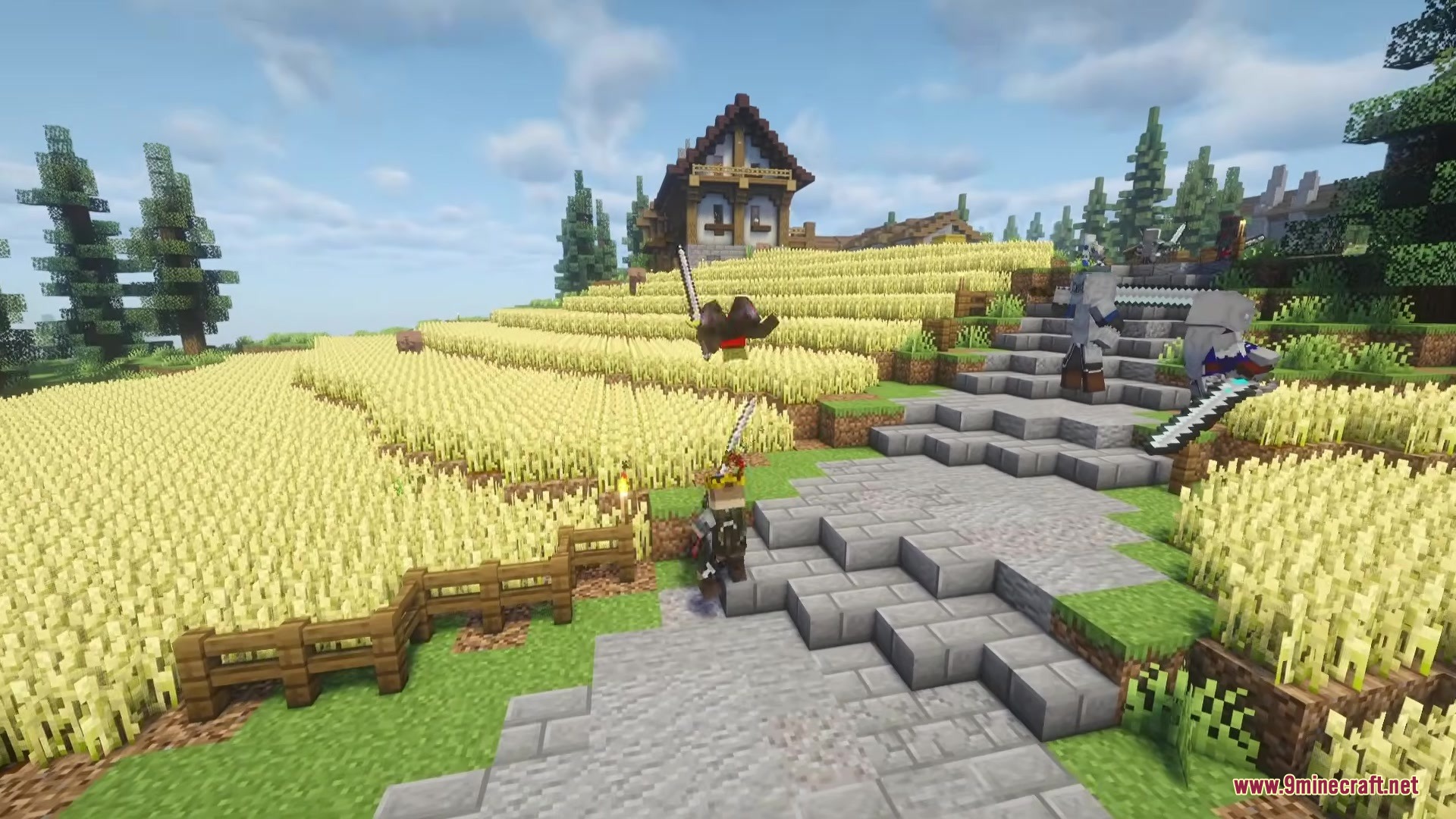 Epic Foes Epic Fight Addon Mod Screenshot 7 A warrior leaps into battle with a sword near a hillside house