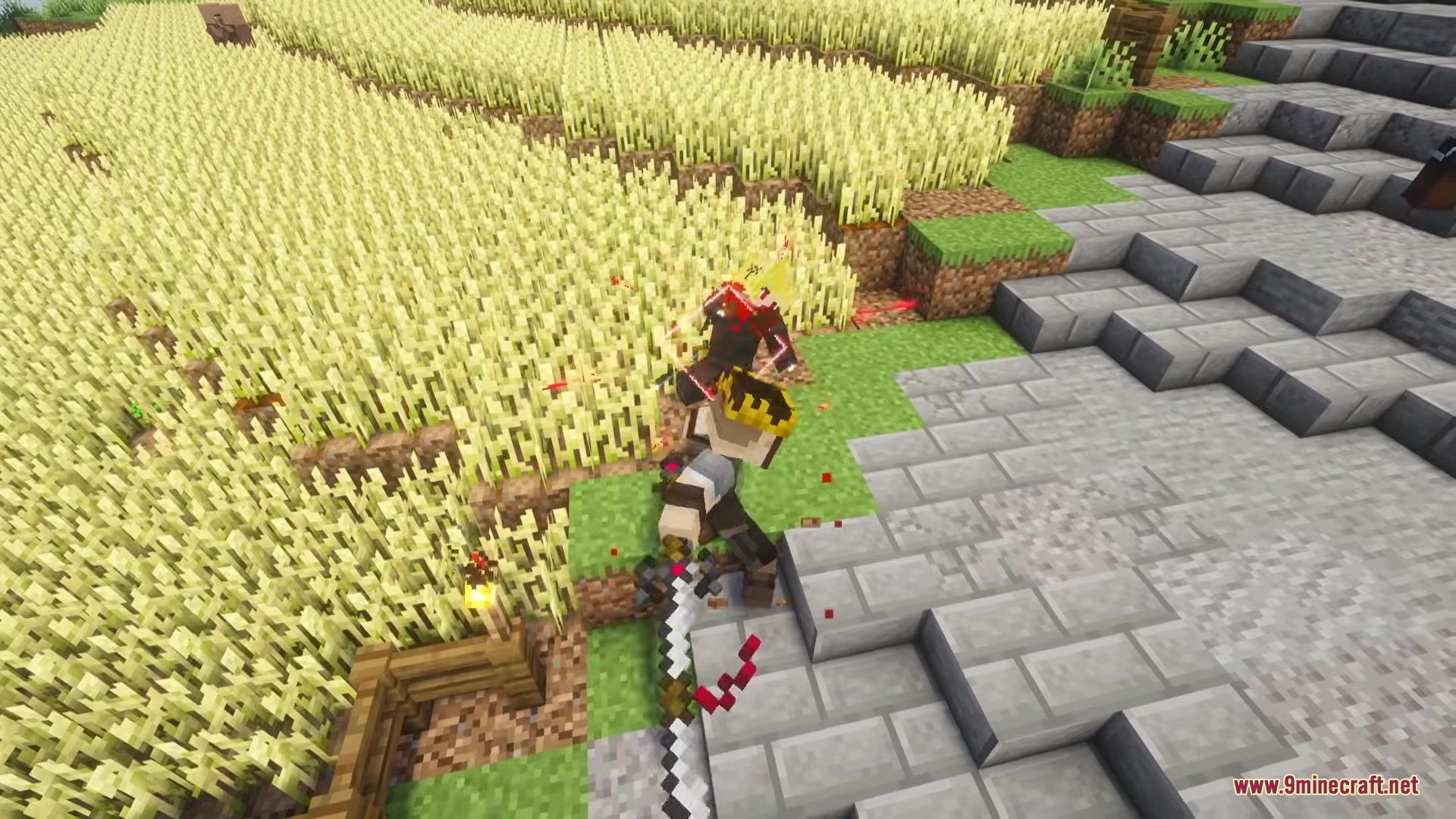 Epic Foes Epic Fight Addon Mod Screenshot 8 A player wearing a crown battles an enemy in a golden wheat field