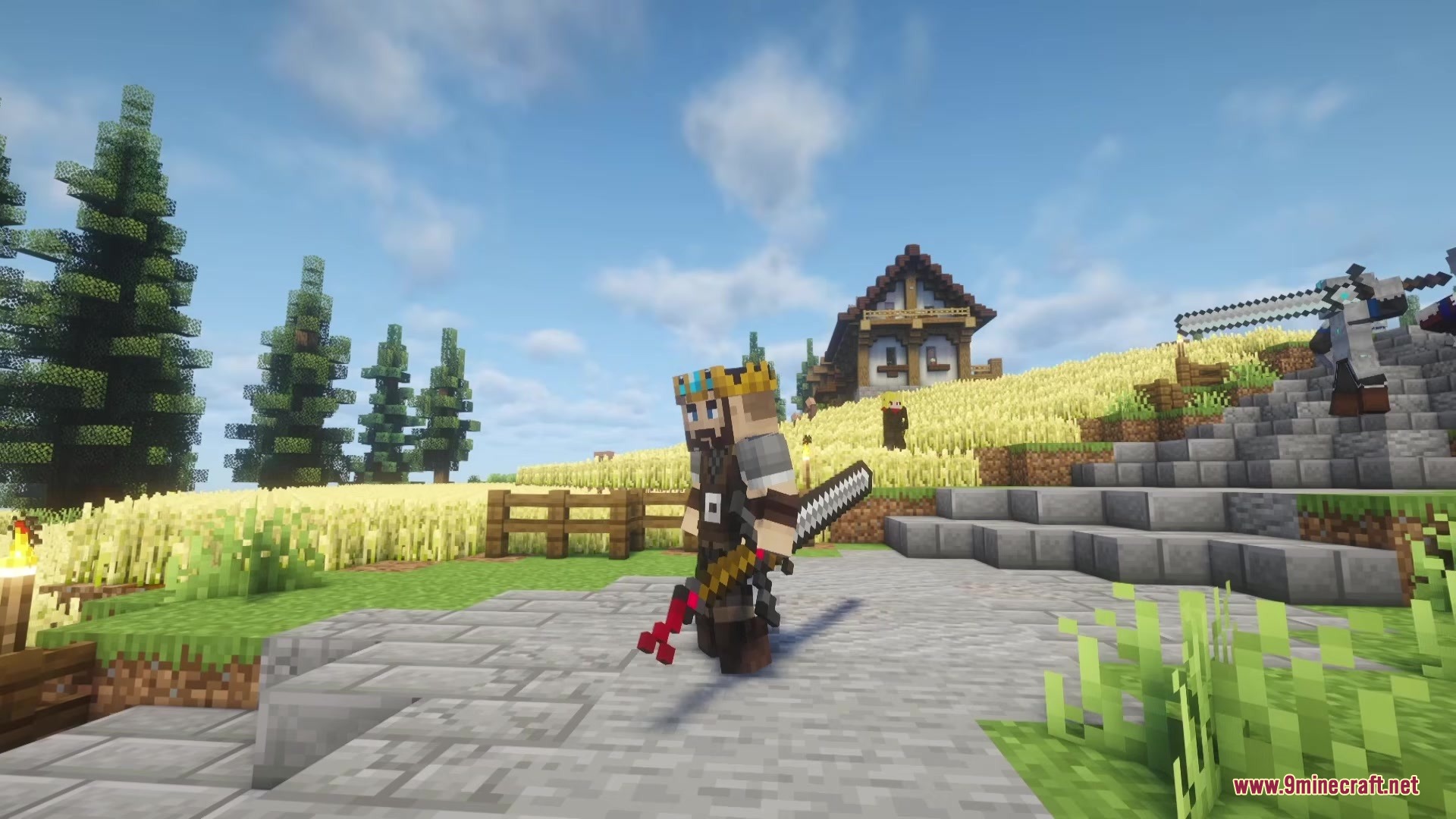 Epic Foes Epic Fight Addon Mod Screenshot 9 A player wearing a crown holds a large sword near a wheat field