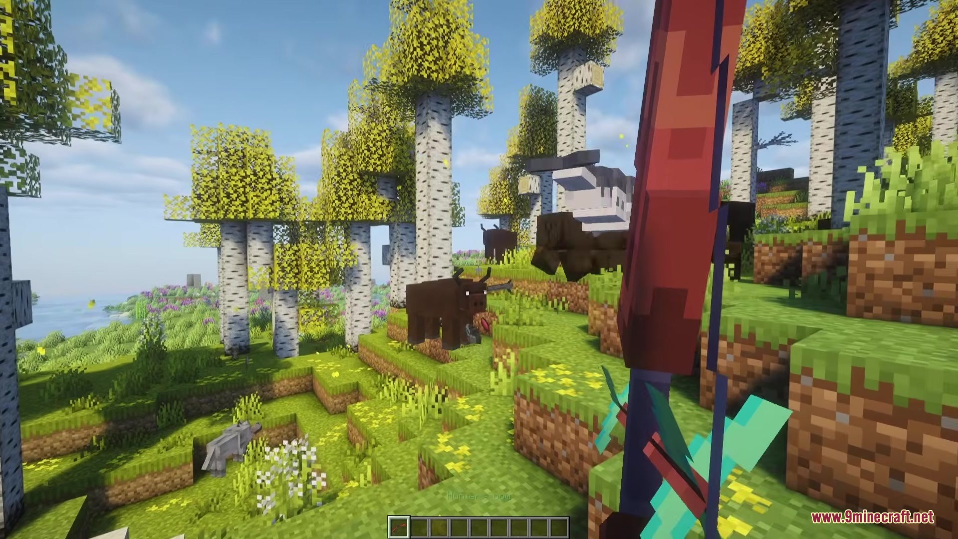 Epic Hunt Medieval Animals and More Mod Screenshot 3 Player aiming a bow at a highland cow in a birch forest