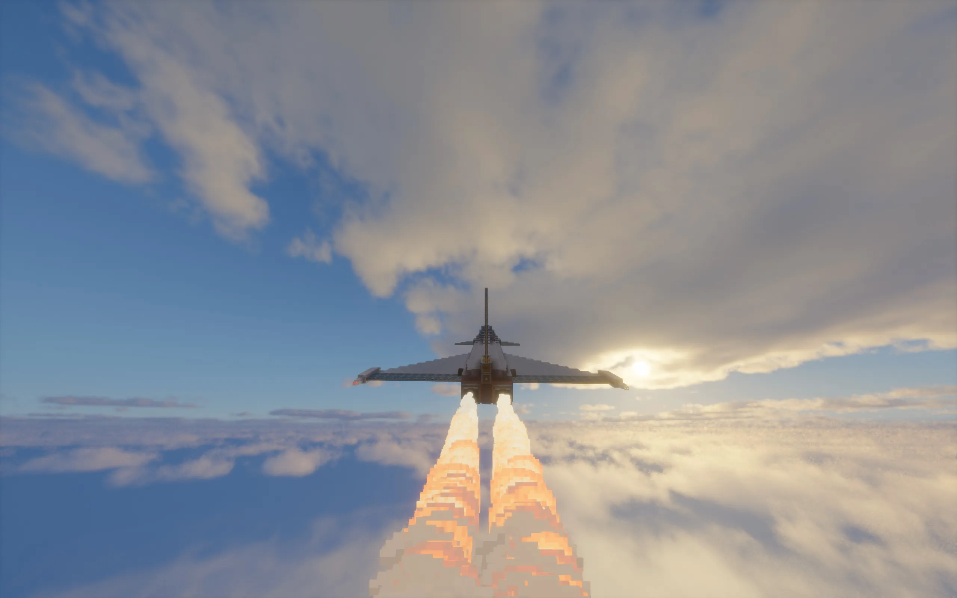 Eurofighter Typhoon Survival Friendly Schematic Screenshots 1 Rear view of a Minecraft jet with glowing afterburners in the clouds