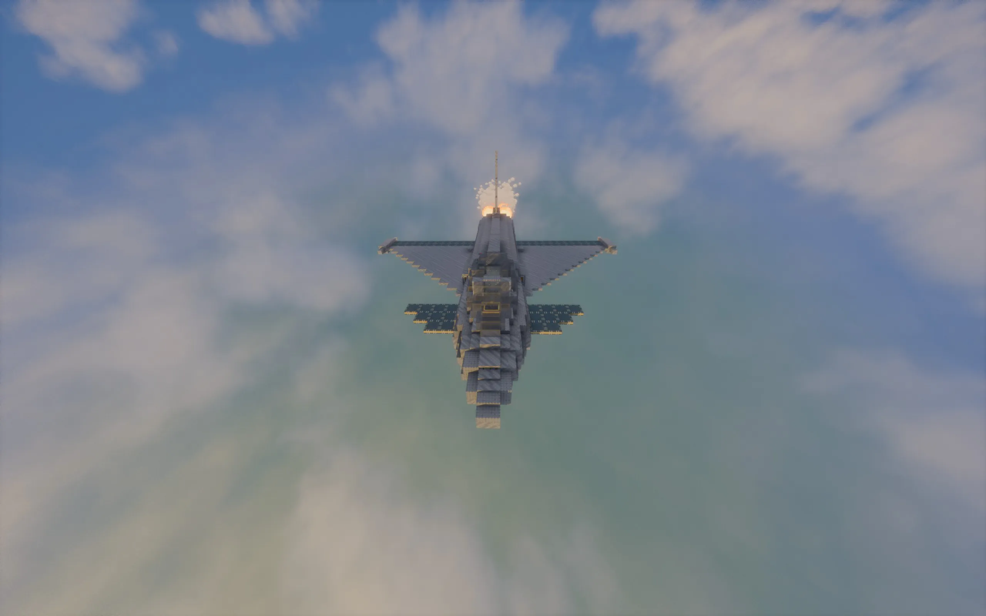 Eurofighter Typhoon Survival Friendly Schematic Screenshots 2 Top view of a grey Minecraft fighter jet soaring through the blue sky