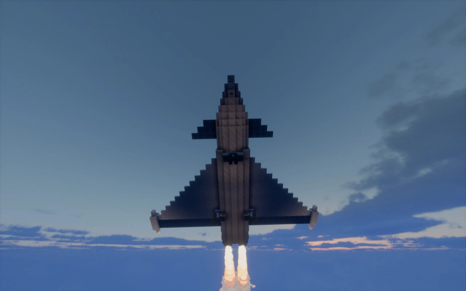 Eurofighter Typhoon Survival Friendly Schematic Screenshots 3 A Minecraft Eurofighter Typhoon jet flying upwards with glowing engine exhaust