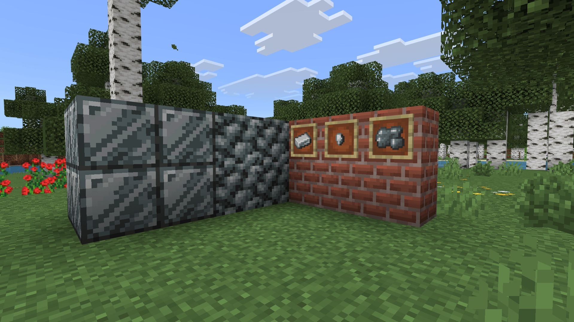 Evil Hunter Addon Screenshot 3 Custom silver blocks and items displayed on a brick wall in Minecraft