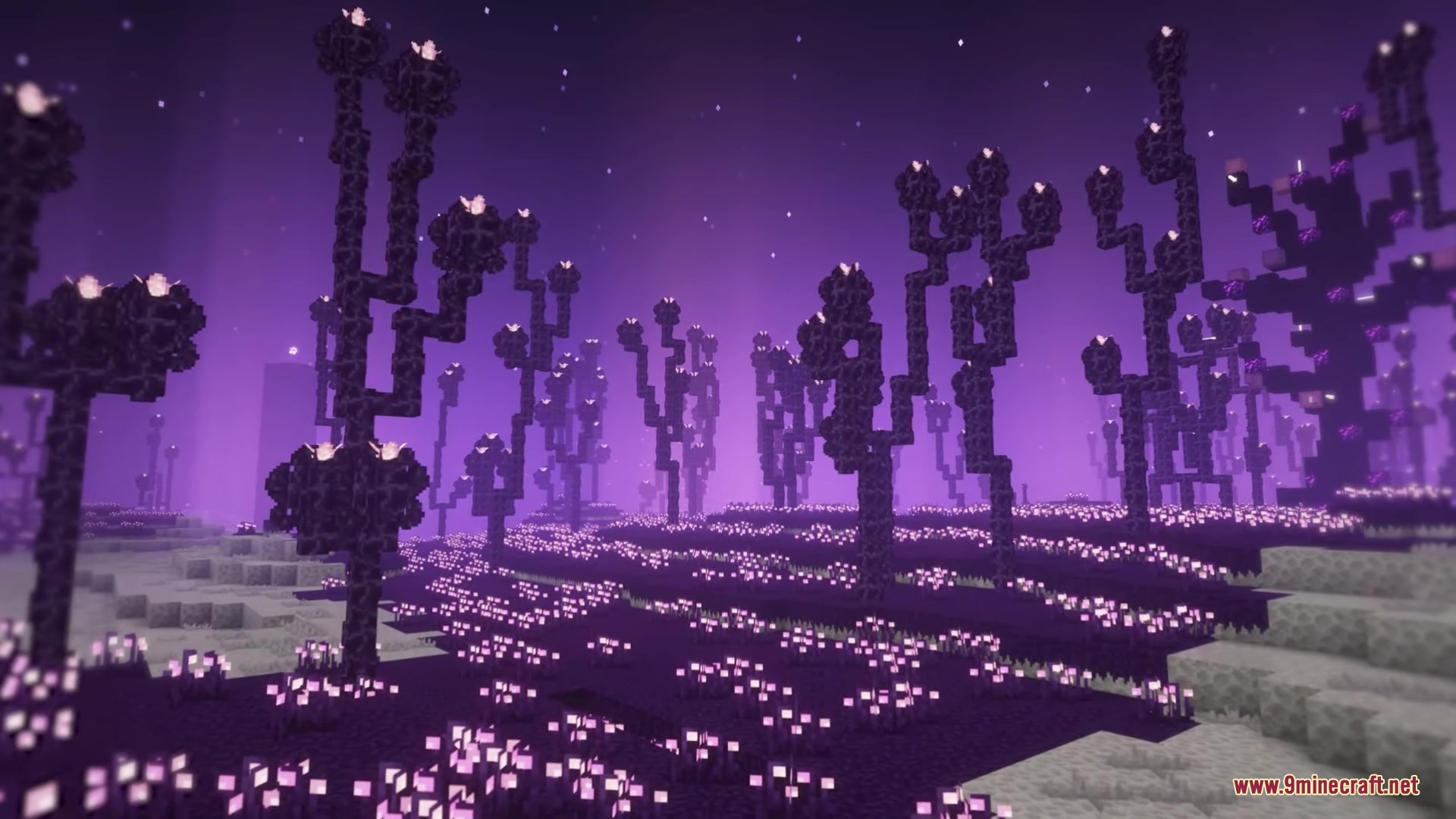Excalibur Fresh Animations Patch Resource Pack Screenshot 1 Glowing purple chorus plants spread across a mystical landscape in the End dimension
