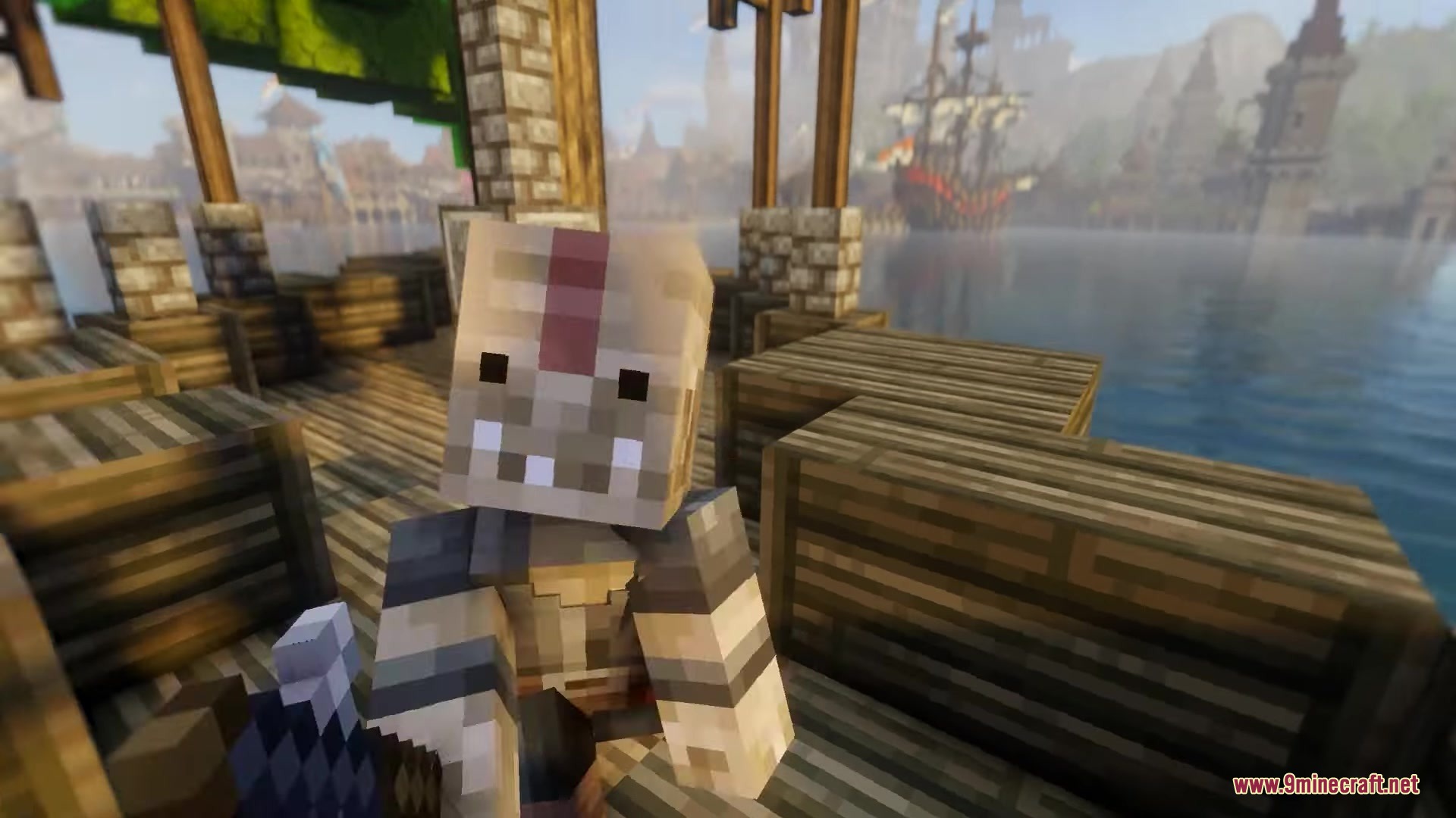 Excalibur Fresh Animations Patch Resource Pack Screenshot 10 Guard villager with detailed facial textures standing on a wooden ship deck