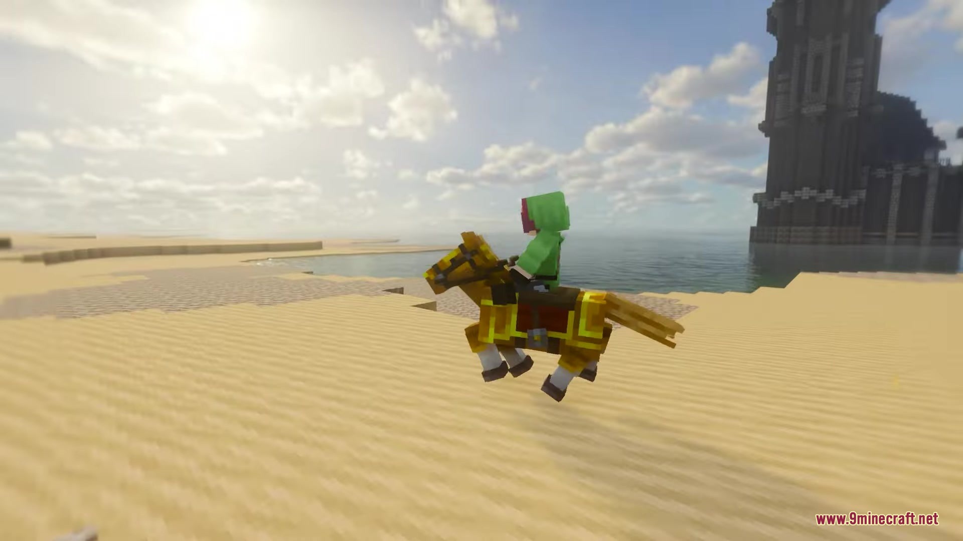 Excalibur Fresh Animations Patch Resource Pack Screenshot 11 A player riding a golden armored horse across a sunny desert beach