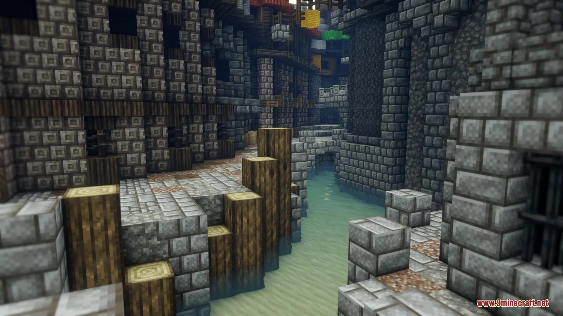 Excalibur Fresh Animations Patch Resource Pack Screenshot 13 Medieval stone buildings line a narrow canal with wooden pillars in Minecraft