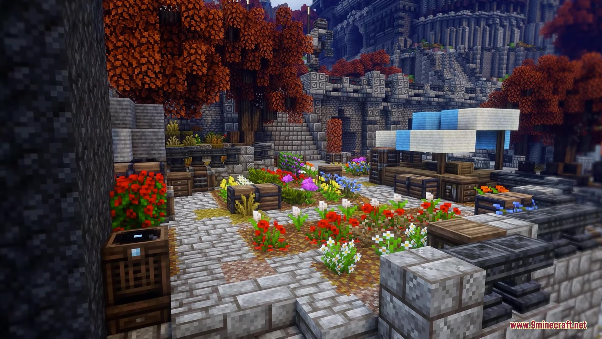 Excalibur Fresh Animations Patch Resource Pack Screenshot 3 Vibrant flower beds and market stalls decorate a medieval stone courtyard in autumn