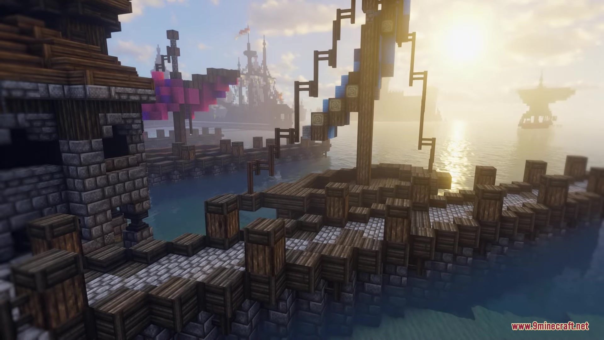 Excalibur Fresh Animations Patch Resource Pack Screenshot 5 Medieval stone harbor and wooden docks overlooking ships during a bright sunset
