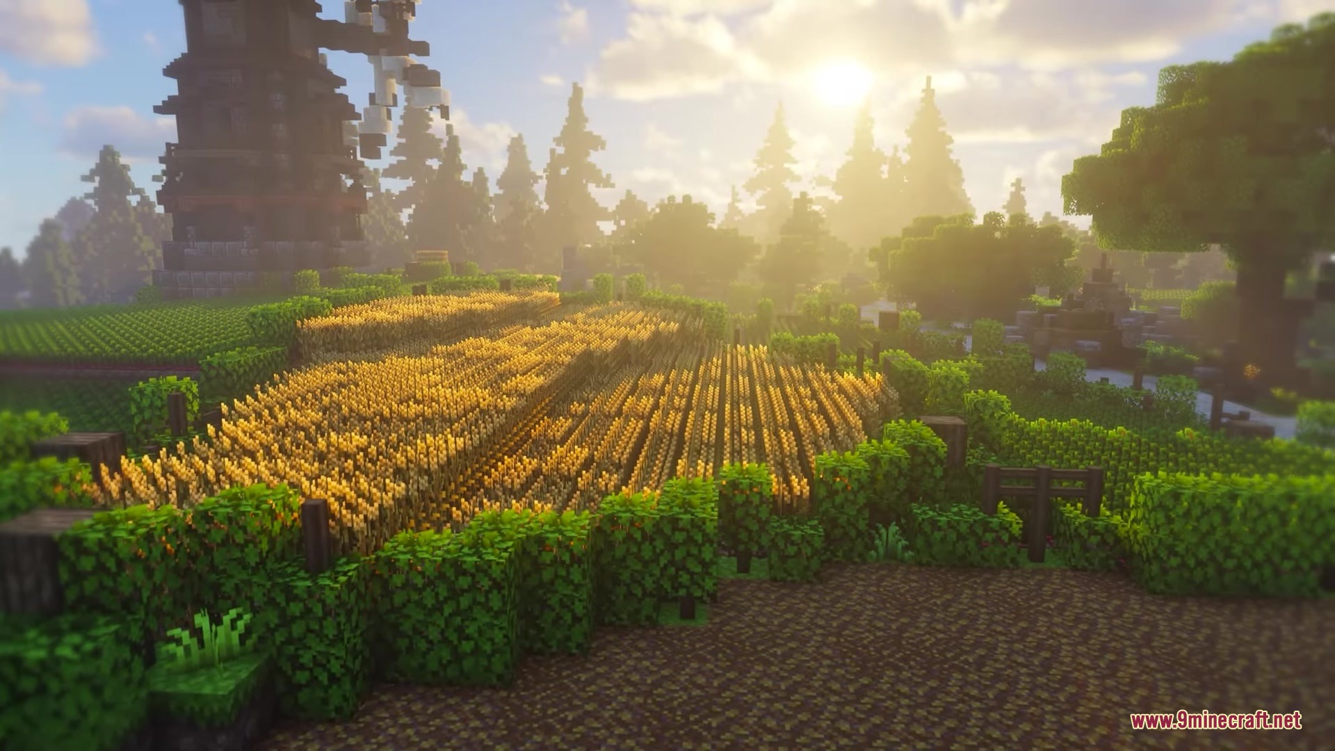 Excalibur Fresh Animations Patch Resource Pack Screenshot 6 Golden wheat fields and a rustic windmill under a warm afternoon sun