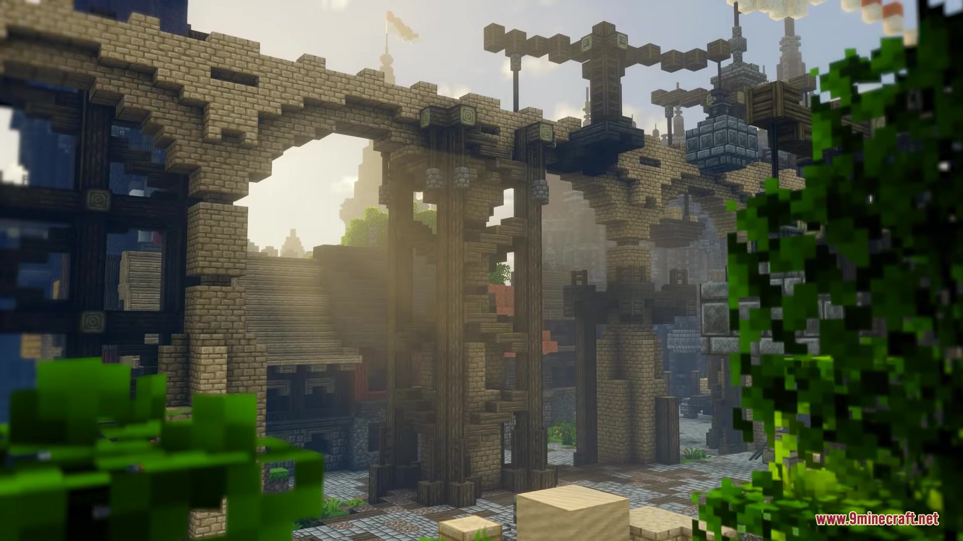 Excalibur Fresh Animations Patch Resource Pack Screenshot 8 Sunlight filters through a large stone bridge supported by tall wooden beams