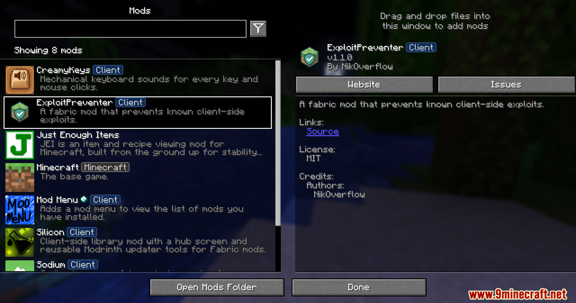 A Minecraft mod menu screen displaying the Exploit Preventer mod details