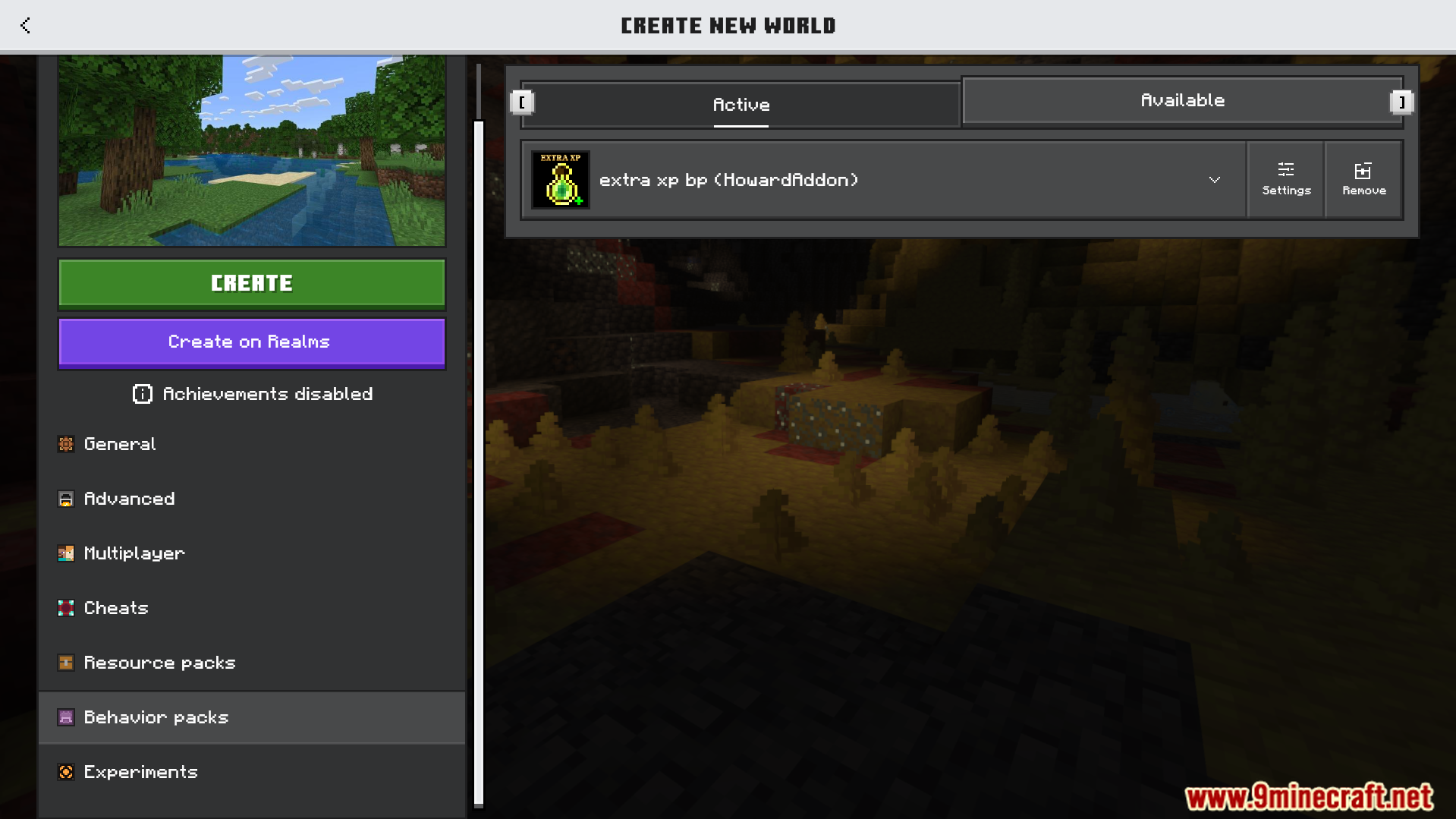 Extra XP Addon Screenshot 1 Minecraft world creation menu showing the active Extra XP behavior pack addon