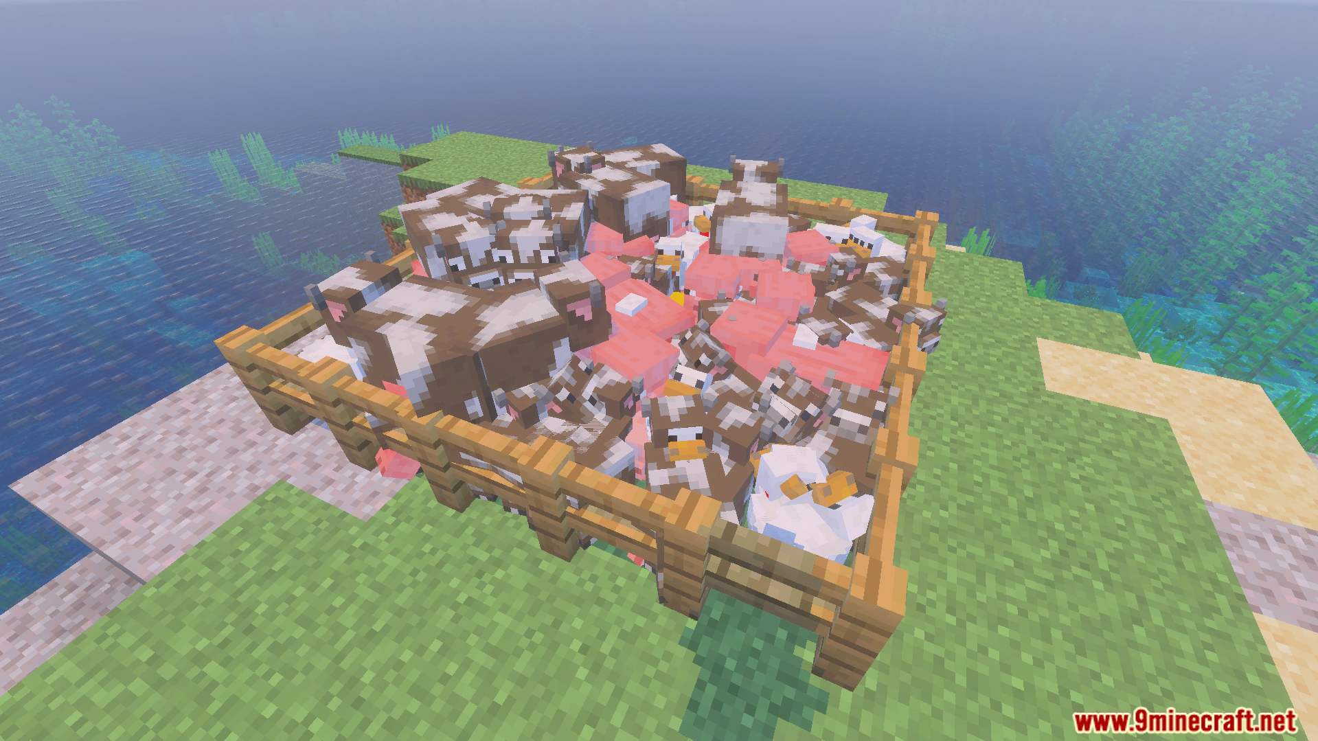 Extra XP Addon Screenshot 5 A wooden fence enclosure packed with various farm animals like cows and chickens