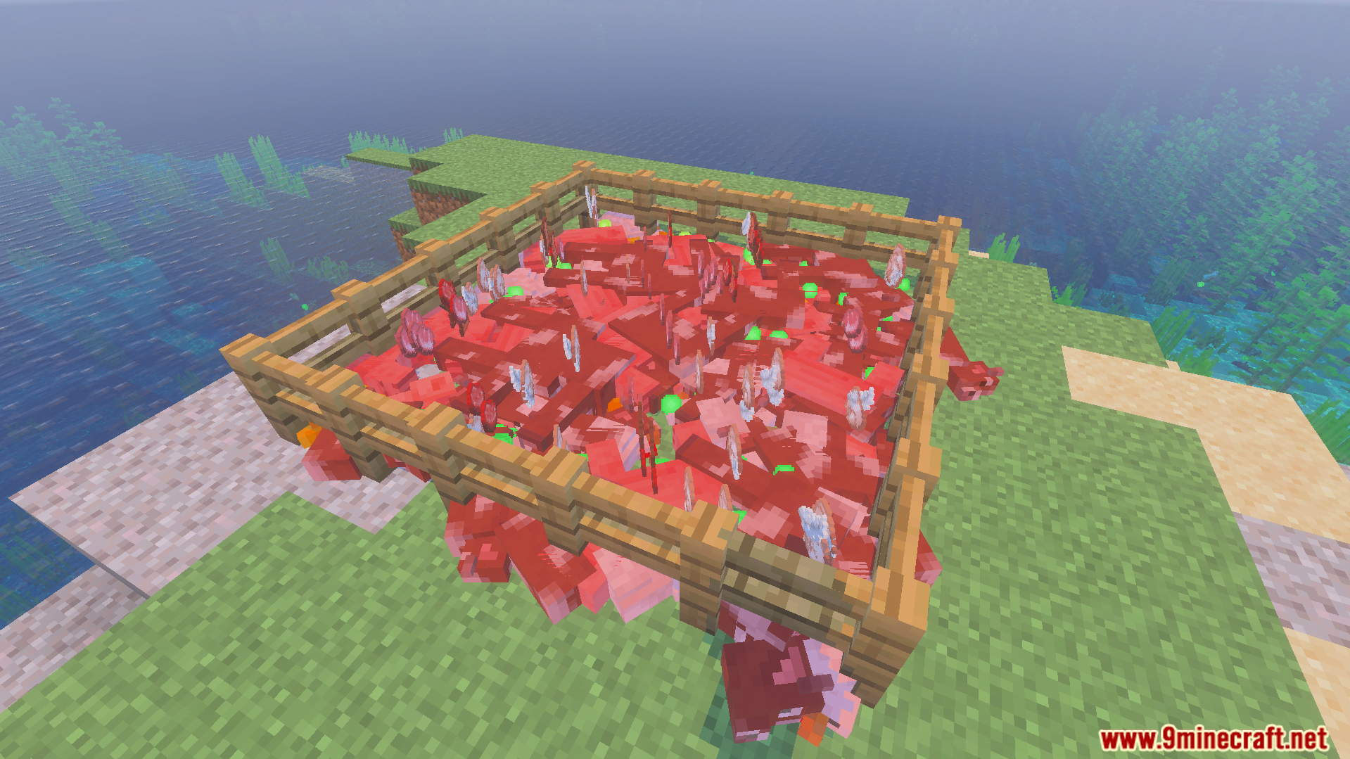Extra XP Addon Screenshot 6 Defeated farm animals dropping items and many green experience orbs in a pen