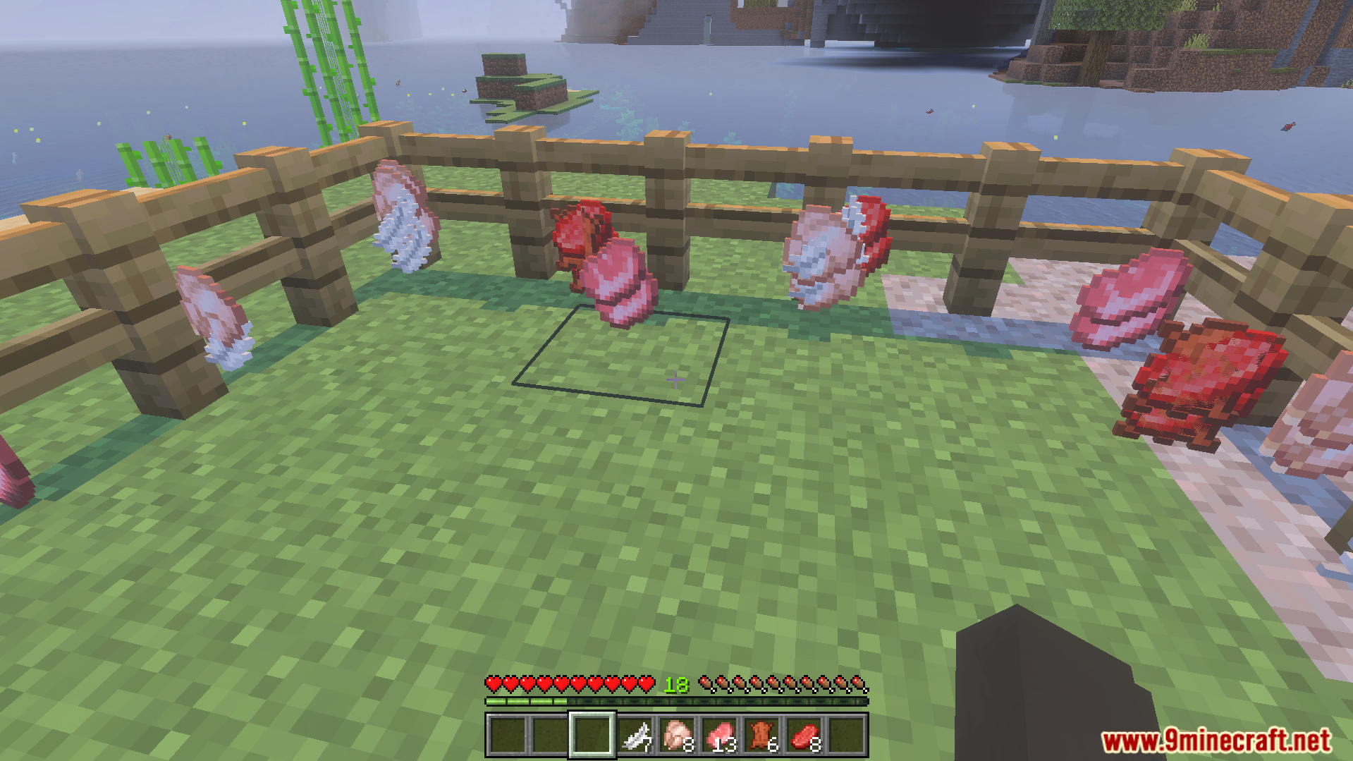 Extra XP Addon Screenshot 8 Various raw meat items and experience orbs floating inside a wooden fence