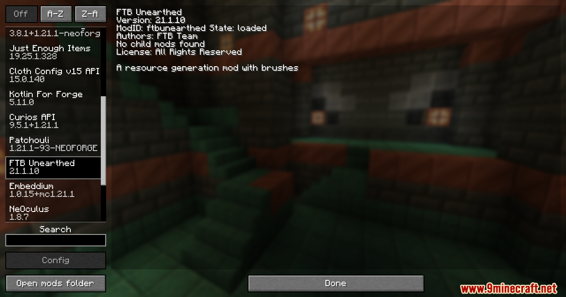 Minecraft mod list screen showing details for the FTB Unearthed resource mod