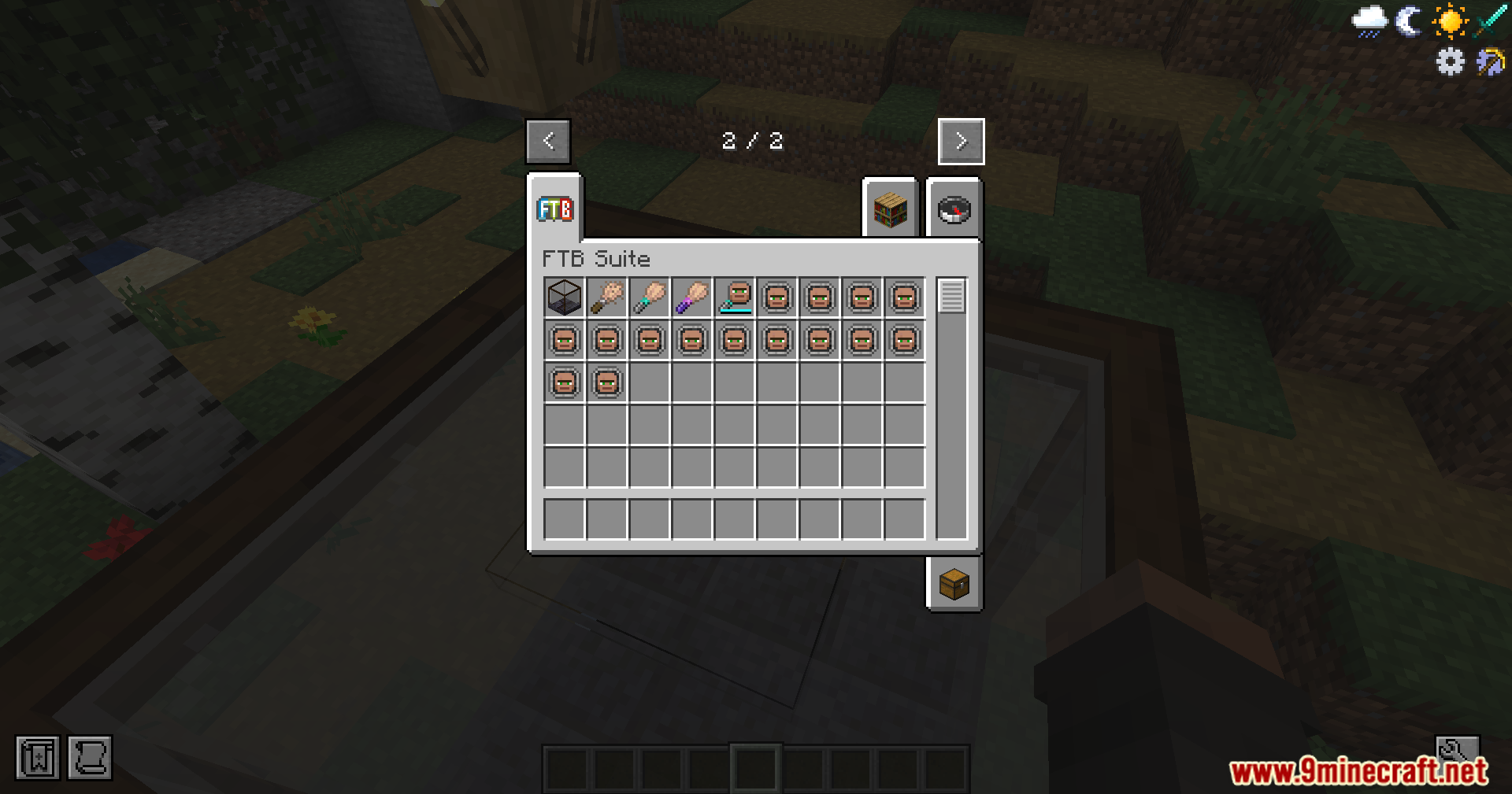 The creative inventory tab showing various villager worker items from FTB Suite